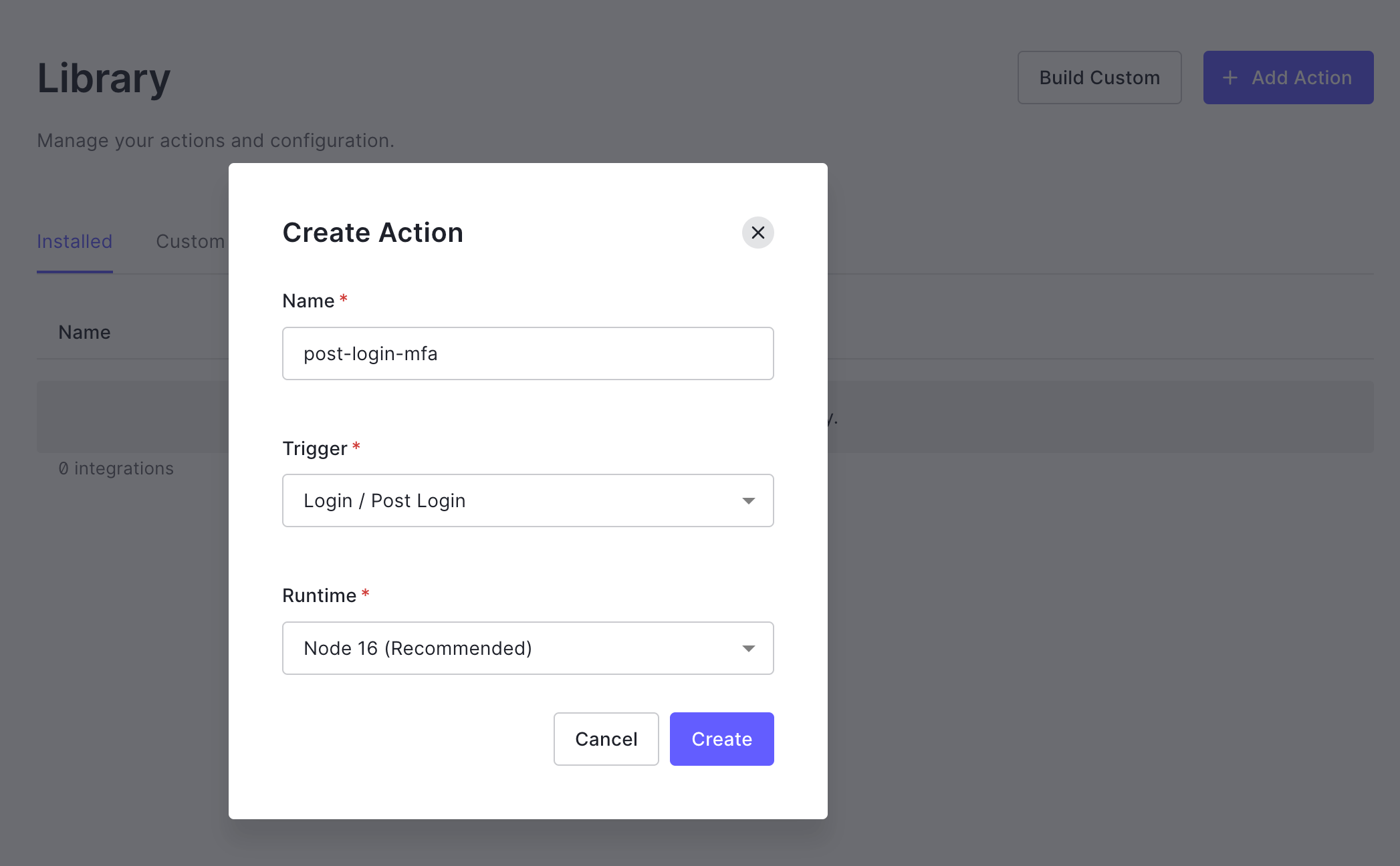 Screenshot of creating a custom action in Auth0